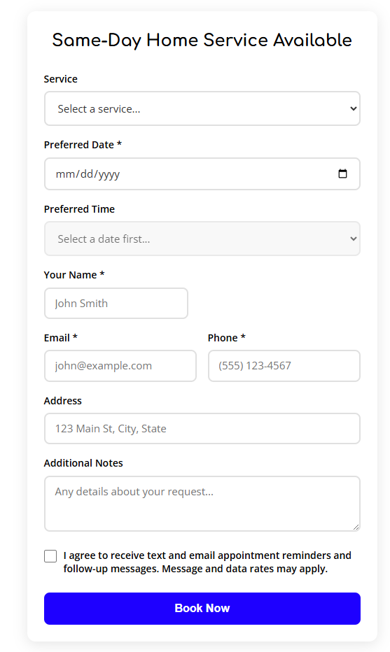 Online booking form configured for roofing companies