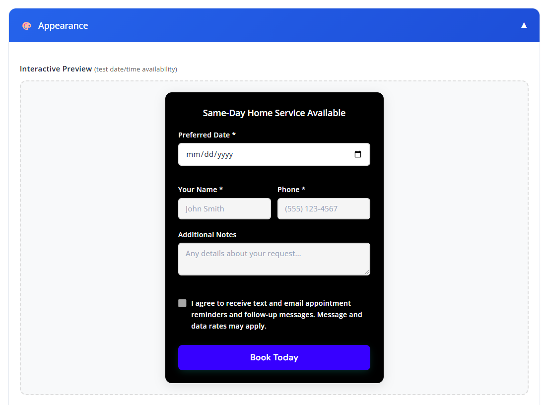 Online booking form configured for pest control services